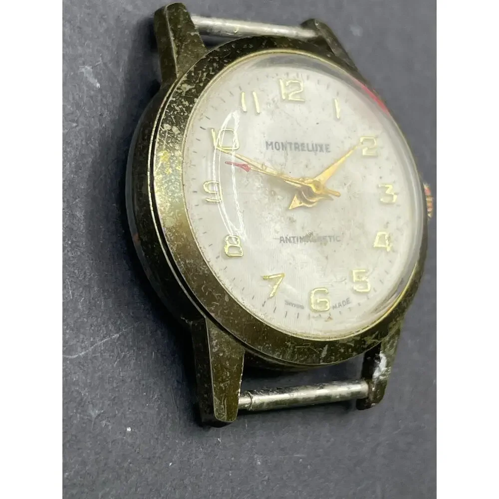 Vintage Montreluxe Antimagnetic Swiss Made Watch Diamond Tooled 30MM Gold Tone